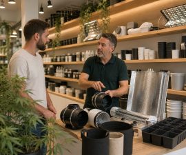Asesor explica equipos de cultivo interior a un cliente adulto en una tienda especializada