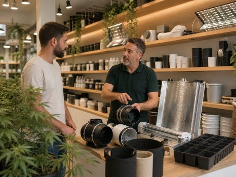 Asesor explica equipos de cultivo interior a un cliente adulto en una tienda especializada