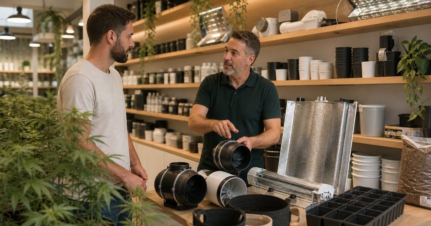 Asesor explica equipos de cultivo interior a un cliente adulto en una tienda especializada
