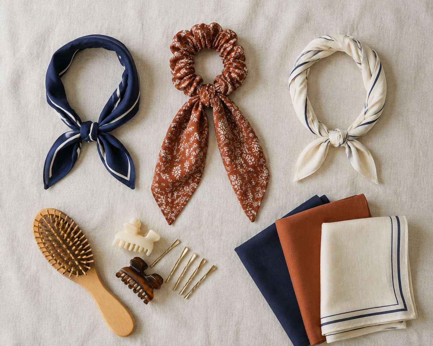 Tres ideas de pañuelos para el pelo con cepillo y horquillas.
